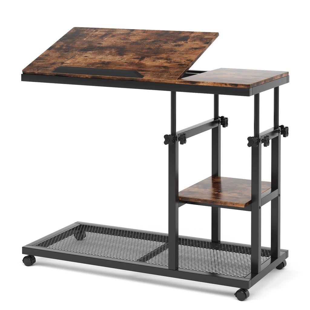C-Shaped Adjustable End Table with Tilting Top and Storage - Brown / Black