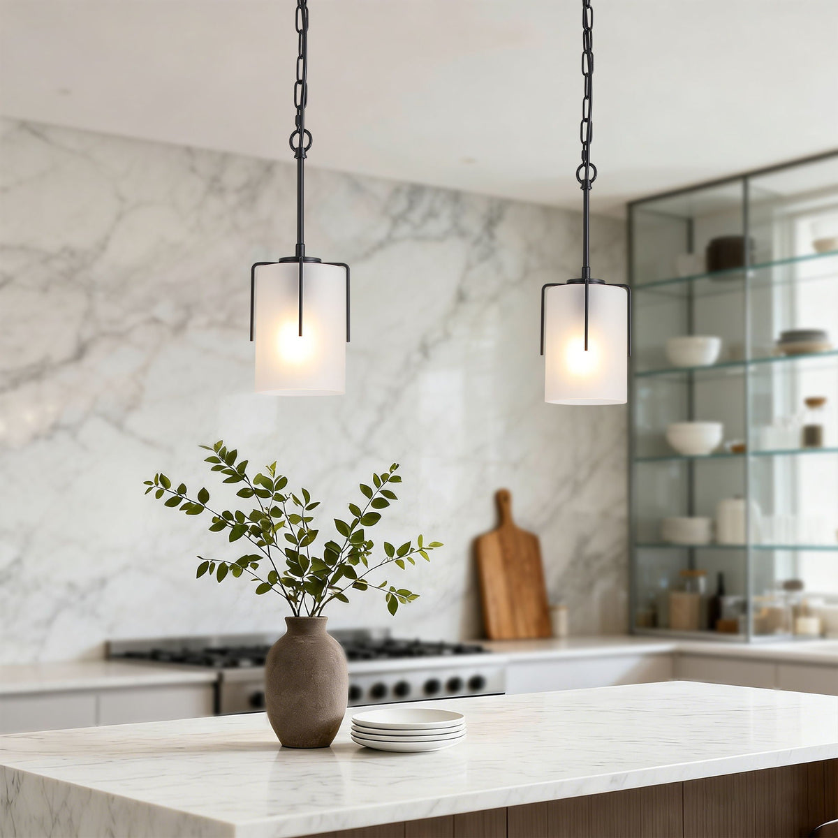 Adjustable Cylindrical Pendant Light with Frosted Glass Shade - Black or Gold