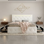 Upholstered Storage Bed Frame with LED Lights and Drawers – White or Black