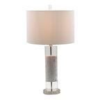 Sculpted Marble & Crystal Cylinder Table Lamp with White Drum Shade - White