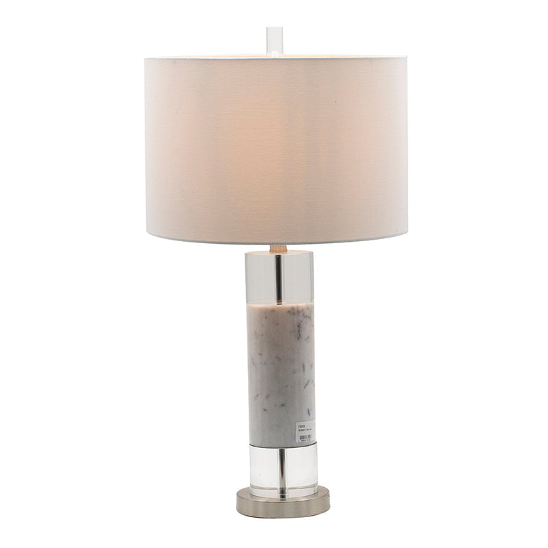 Sculpted Marble & Crystal Cylinder Table Lamp with White Drum Shade - White