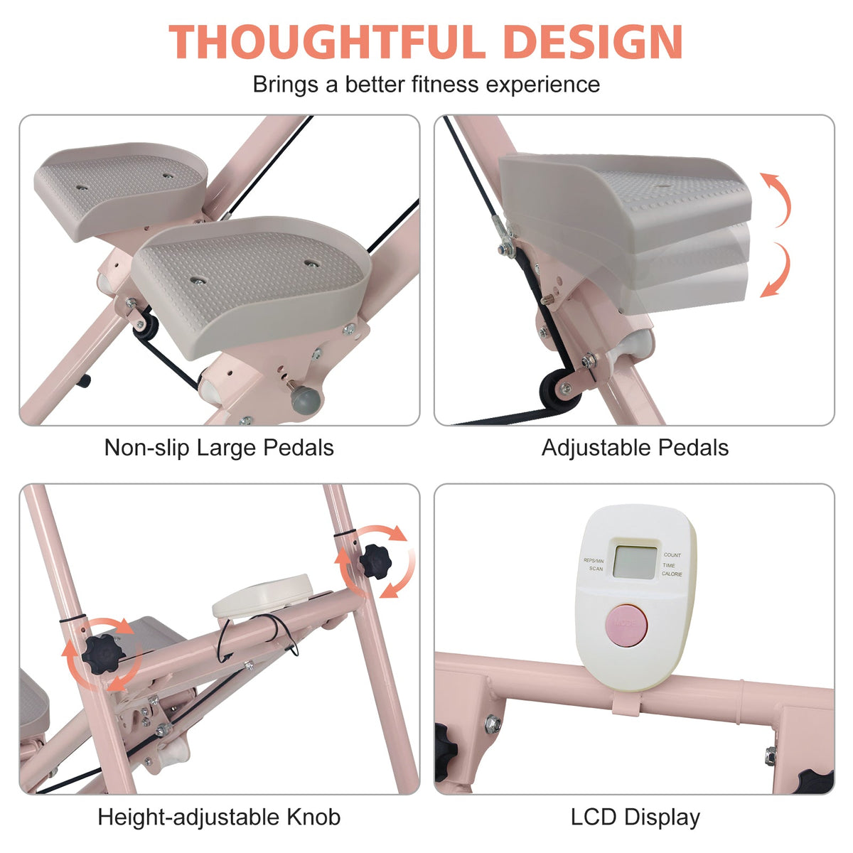 Stair Stepper Folding Vertical Cardio Exercise Climber with Adjustable Handrails - Pink & White