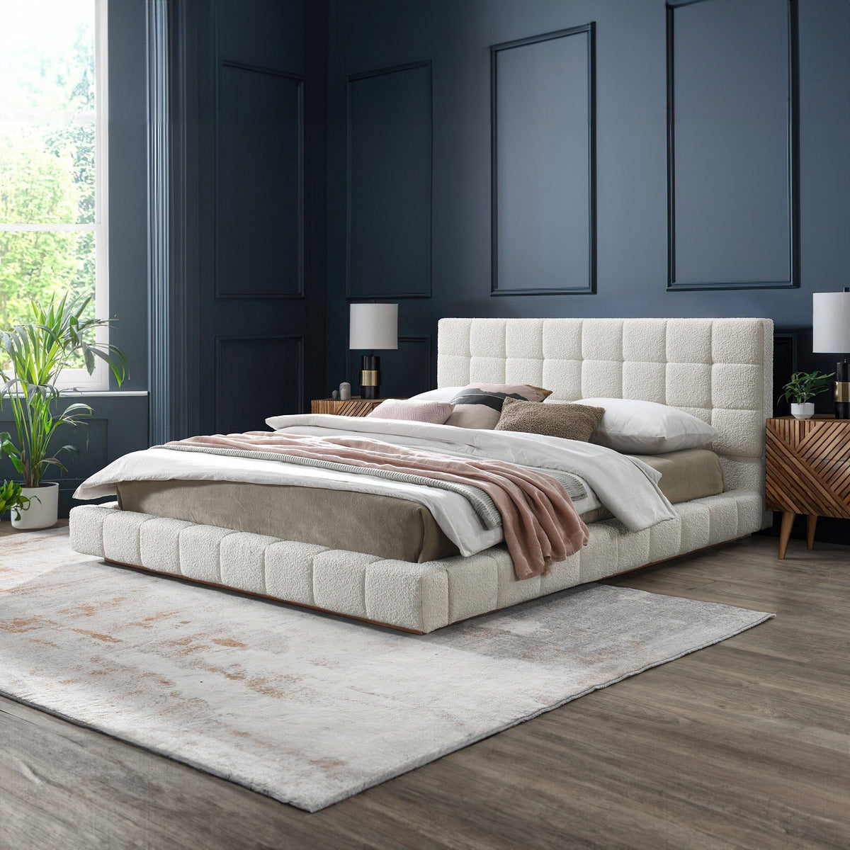 Elegant Design Upholstered Bed with Wooden Slat Support - Beige