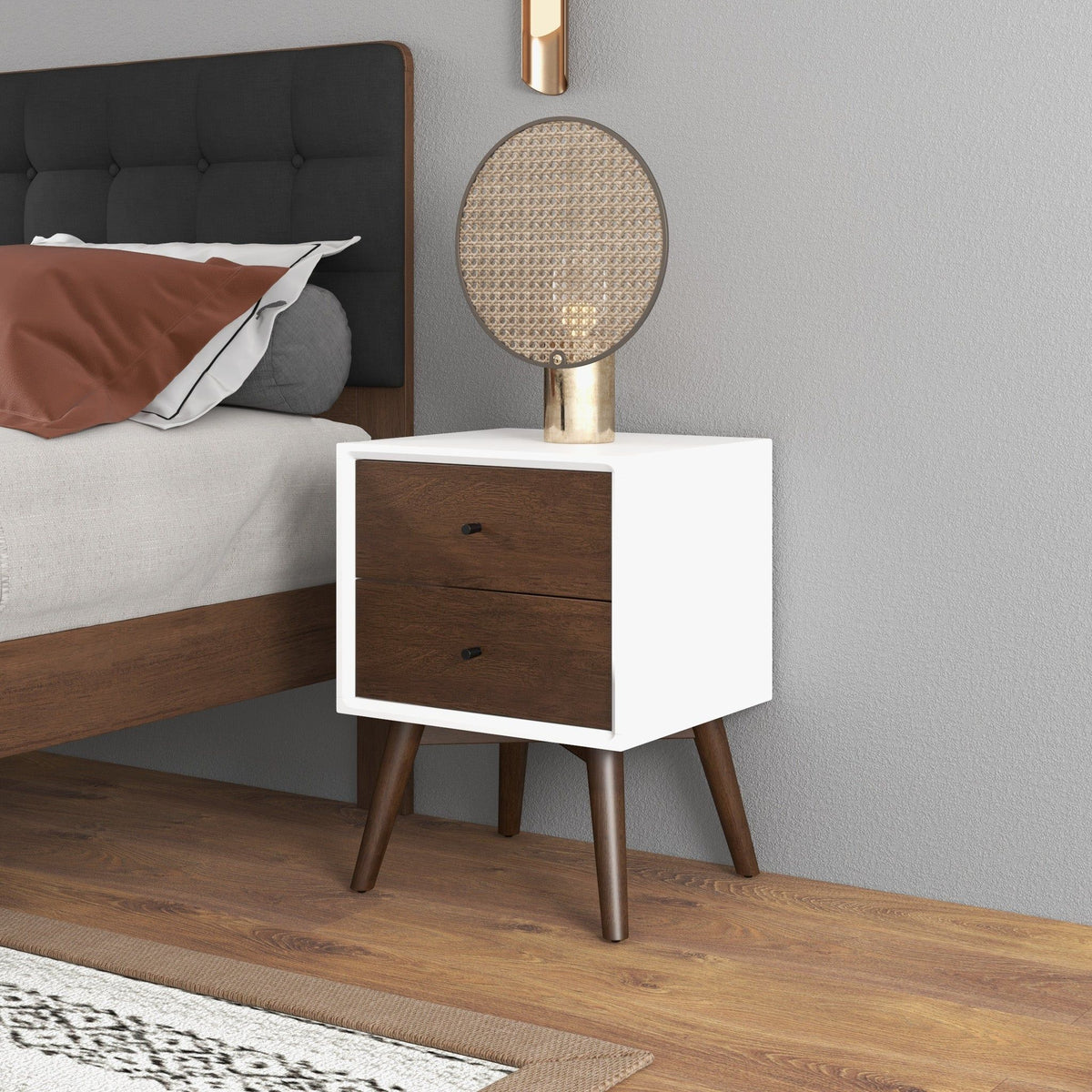 Mid-Century Modern Night Stand with 2 Drawers - Dark Brown or White