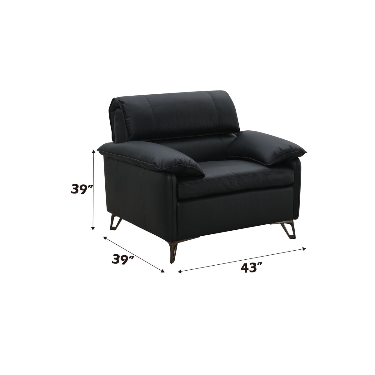 Black Top Grain Leather Arm Chair with Plush Cushions - Eilene
