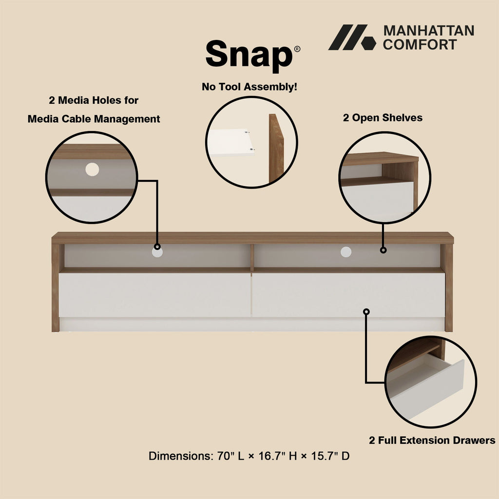 Modern 70" TV Stand with Full Extension Drawers - White or Light Brown