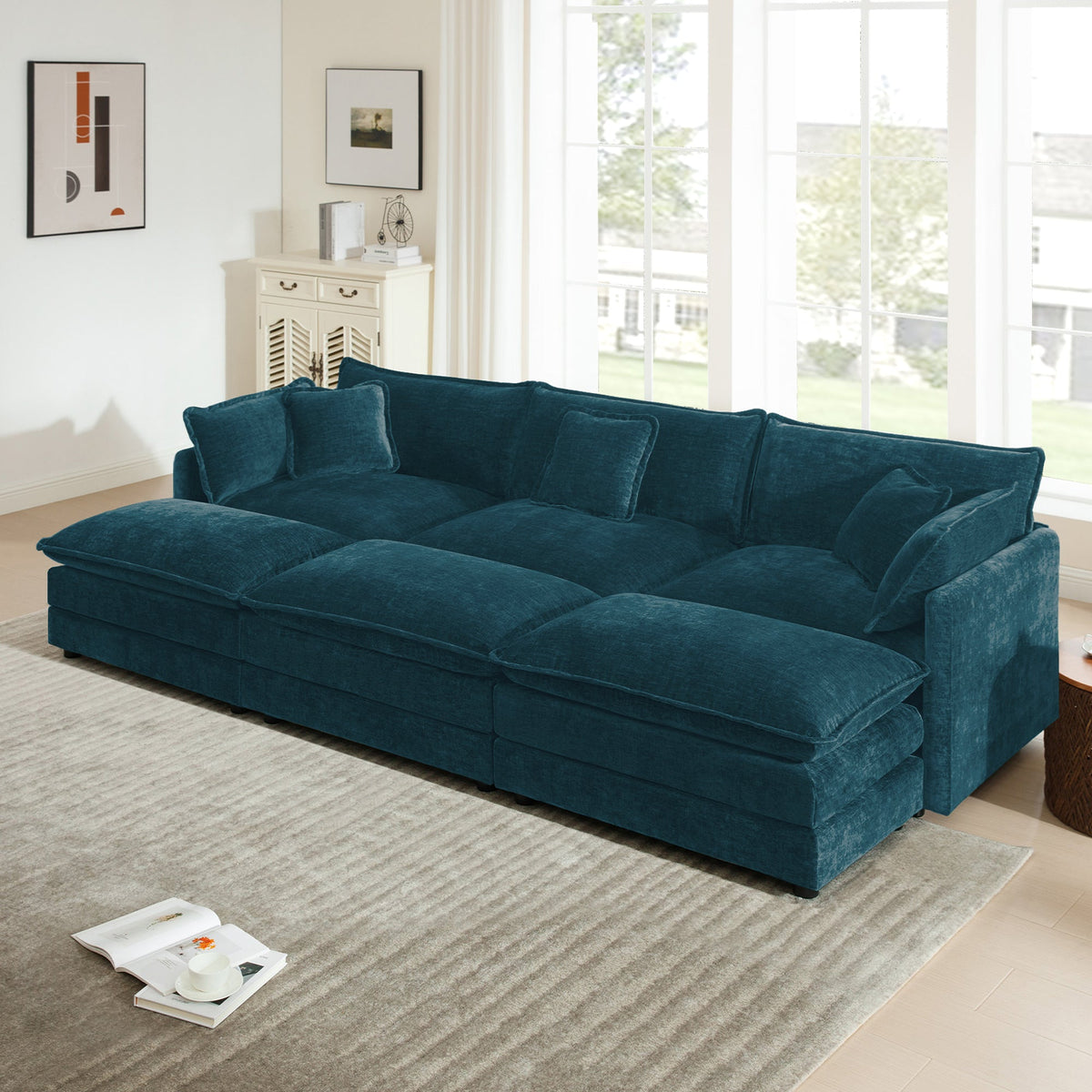 Comfortable Deep Seat Modular 3 Seater Sectional Sofa with Ottomans - Chenille