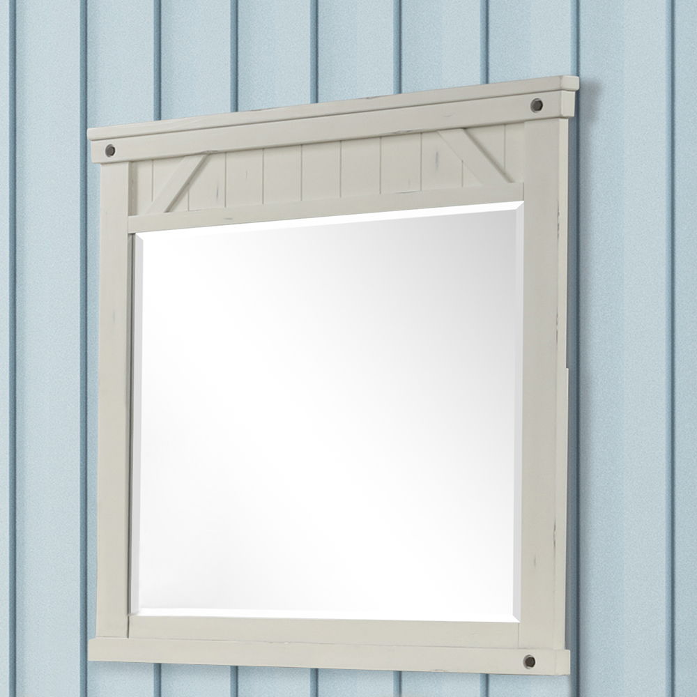 Industrial Farmhouse Mirror with Distressed Wood Frame - White
