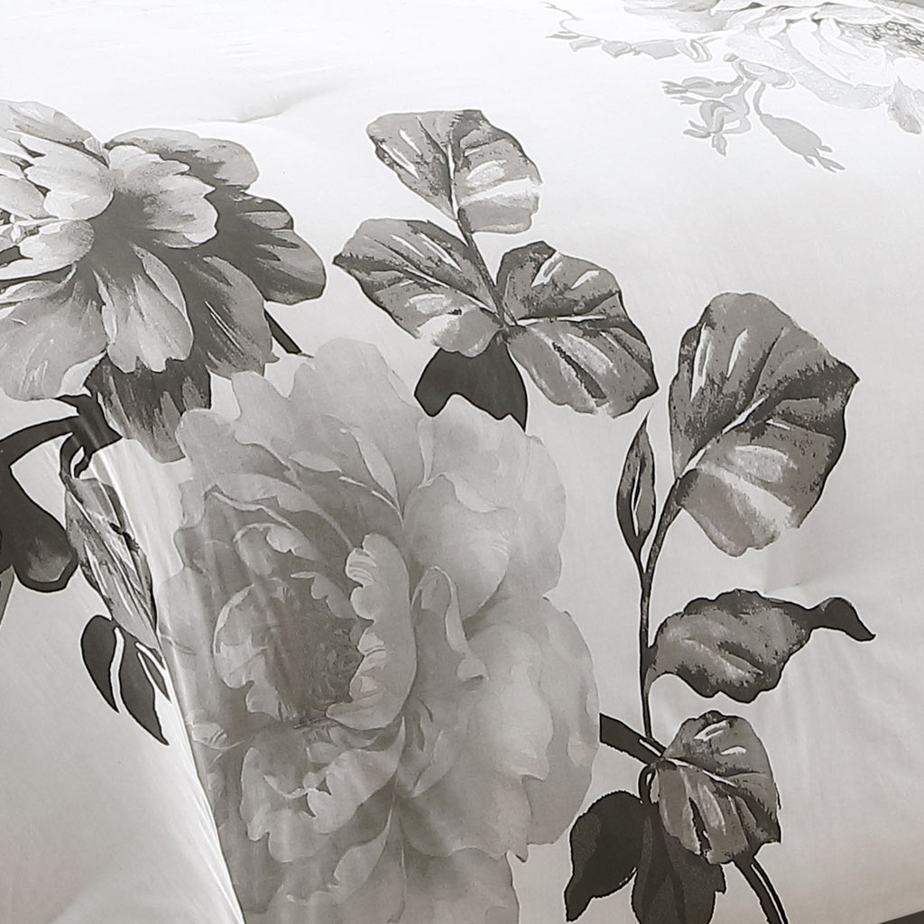 Black and White Floral Comforter Set with Reversible Backing - 7 Piece