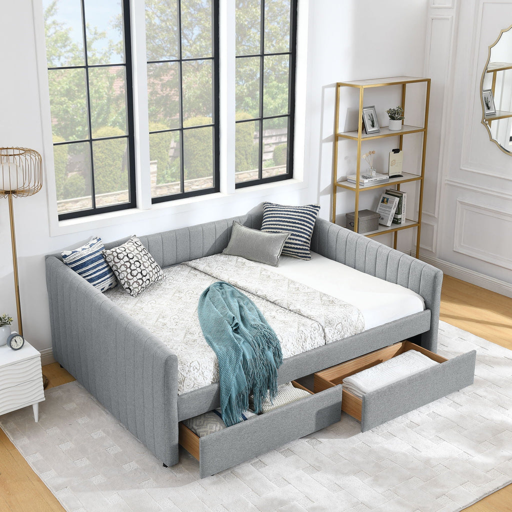 Upholstered Queen Daybed with 2 Drawers - Fabric Storage Bed - Beige or Gray
