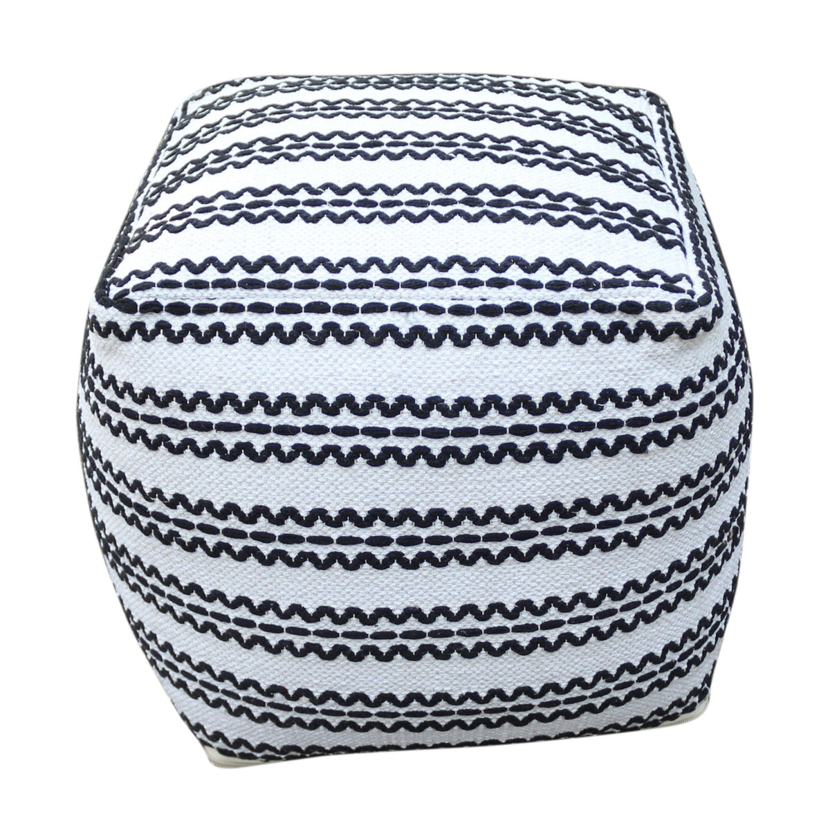 Handcrafted Fabric Accent Pouf with Durable Cotton - Natural / Black