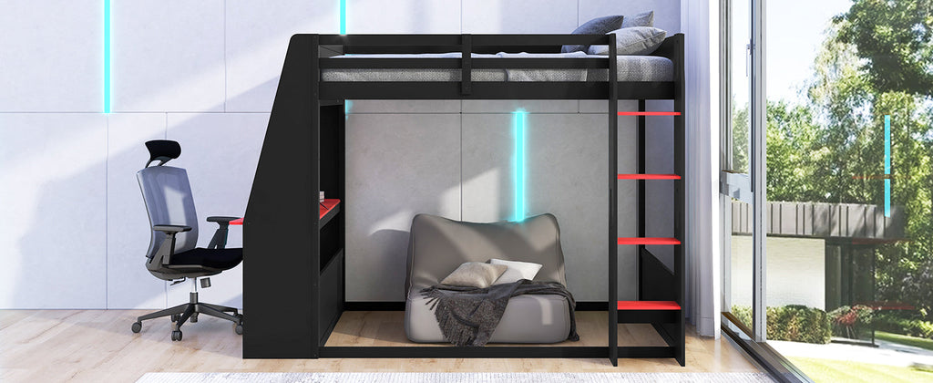 Full Size Wooden Gaming Bunk Bed with Desk and LED Light - Black/Red