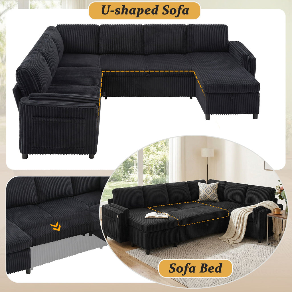 Convertible U-Shaped Sectional Sofa Bed with USB Ports and Storage – Black, Dark Gray, Blue
