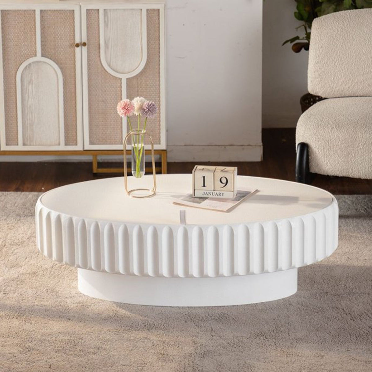 Fluted Storage Table with Lift-Off Lid - Cream White