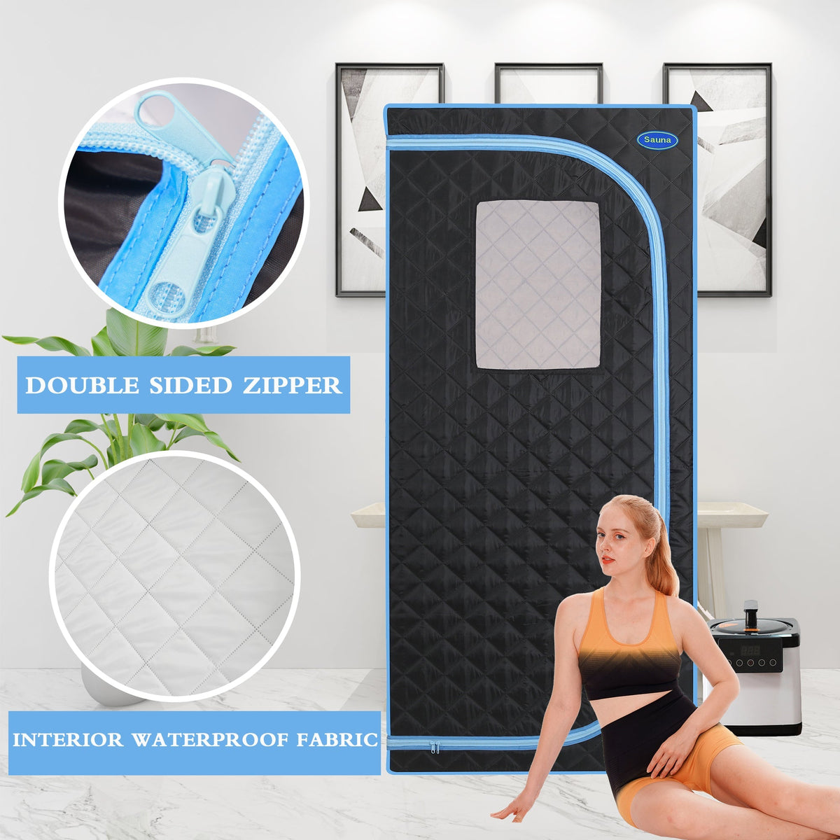 Full Size Portable Steam Sauna Tent with Stainless Steel Frame - Black