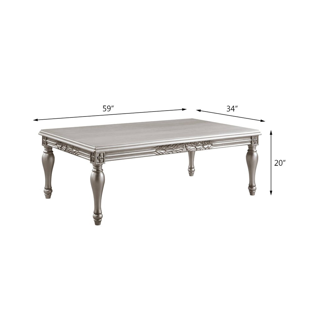 Platinum Finish Coffee Table with Floral Trim Apron - Pelumi