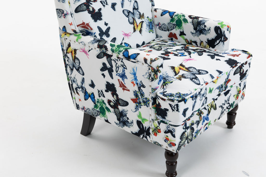 Upholstered Accent Chair with Solid Wood Legs - Vintage Armchair - Blue and White