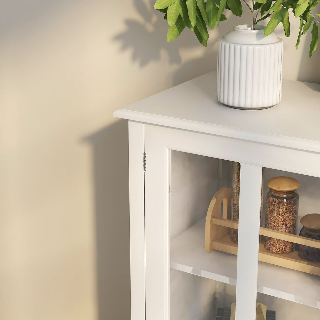Buffet Storage Cabinet with Double Glass Doors and Bell Handle - White