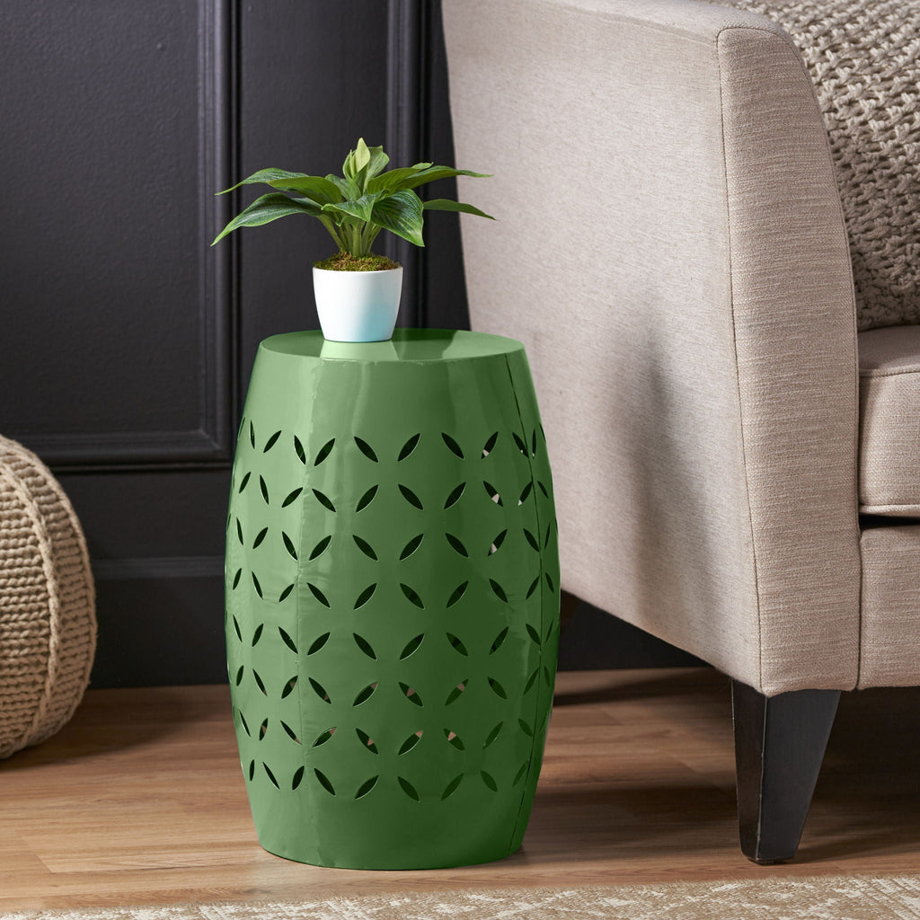 Barrel Shape Outdoor Side Table with Durable Metal Design - Yellow or Green