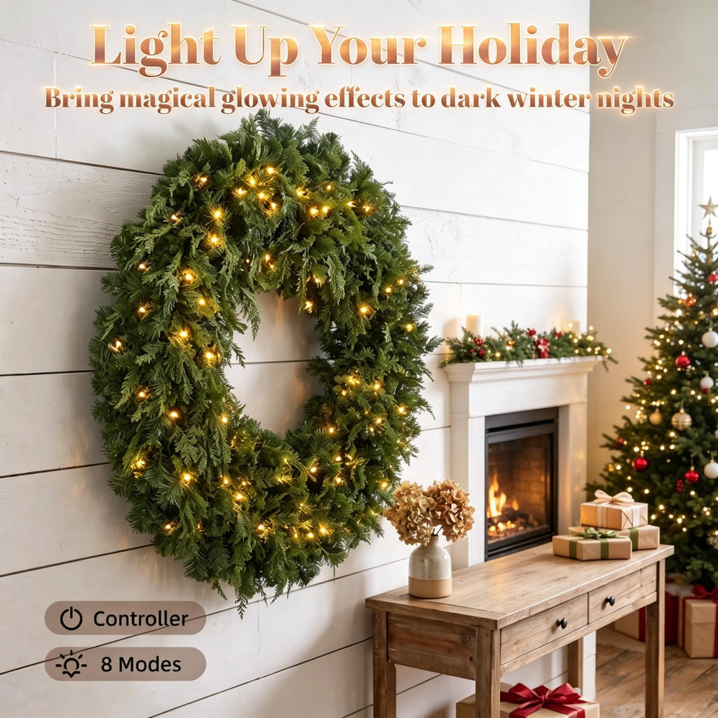 48-Inch Pre-Lit Crestwood Spruce Artificial Christmas Wreath with 8 Lighting Modes - Green