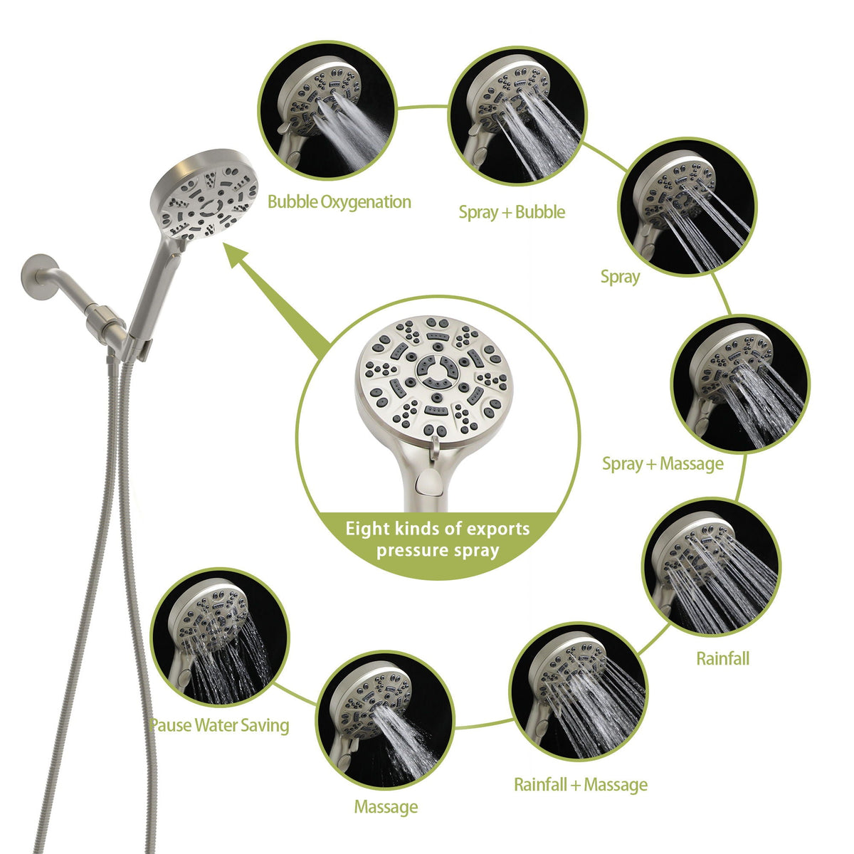 Multi Function Adjustable Hand Shower with 8 Settings - Brushed Nickel