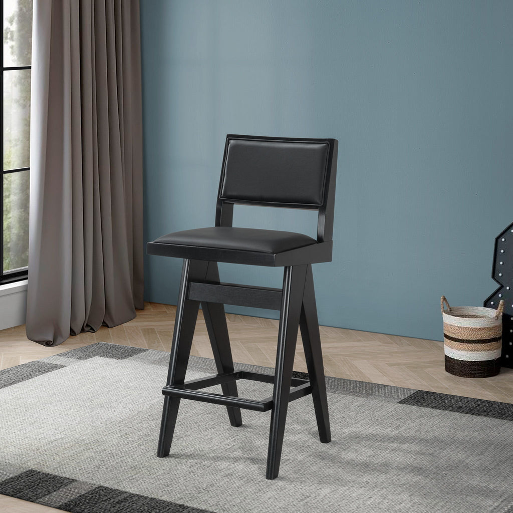 Black Bar Stools Set of 2 with Full Back Support - PU Leather