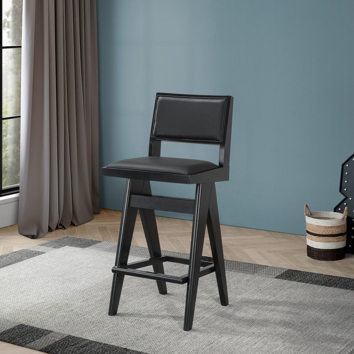 Black Bar Stools Set of 2 with Full Back Support - PU Leather