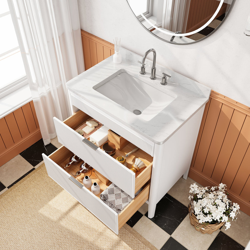 Fully Assembled 36'' Bathroom Vanity with Carrara Stone Top - White