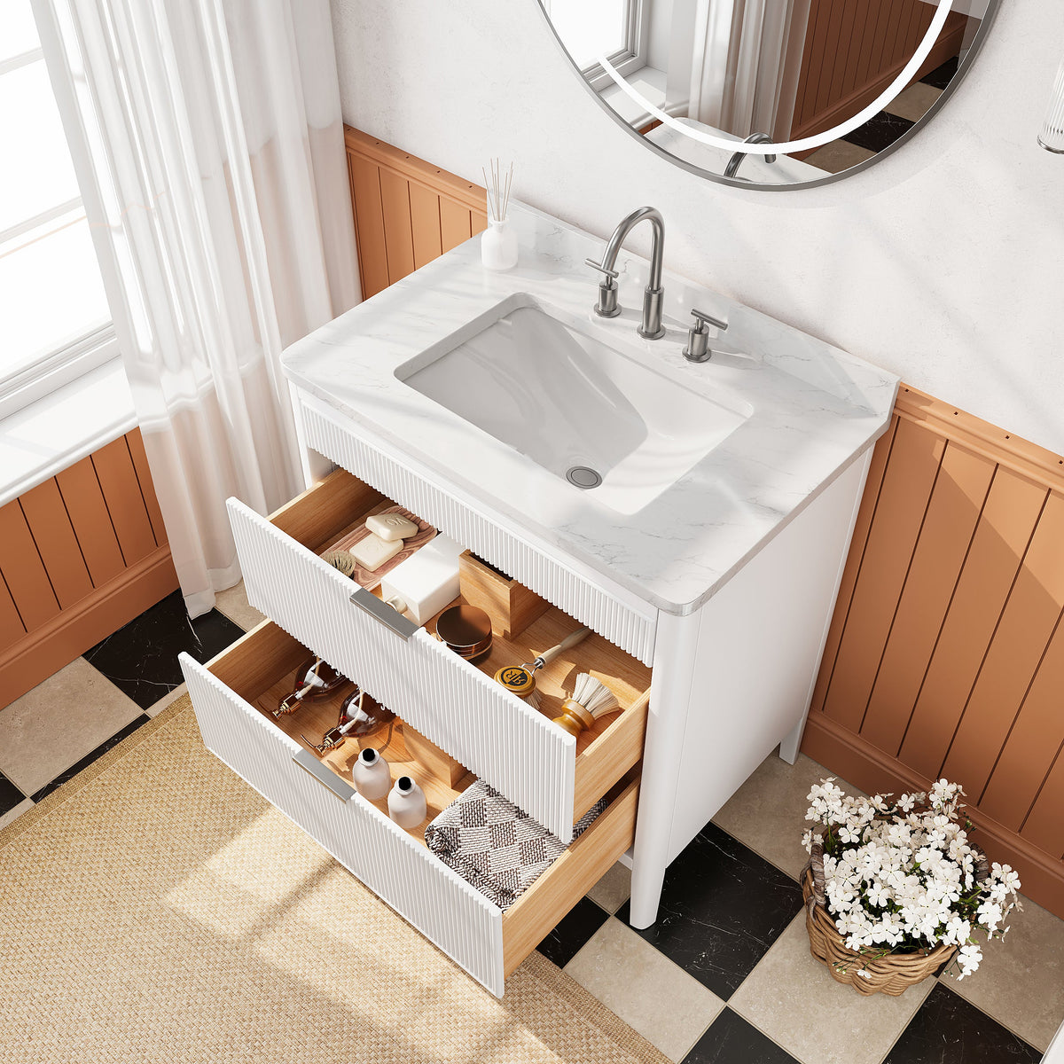 Fully Assembled 36'' Bathroom Vanity with Carrara Stone Top - White