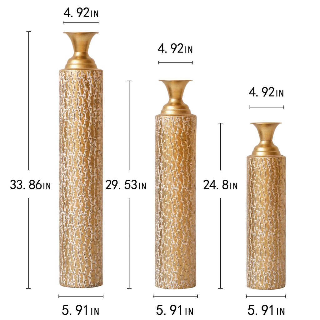 Gold Metal Floor Vases Set with Vine Pattern – Set of 3