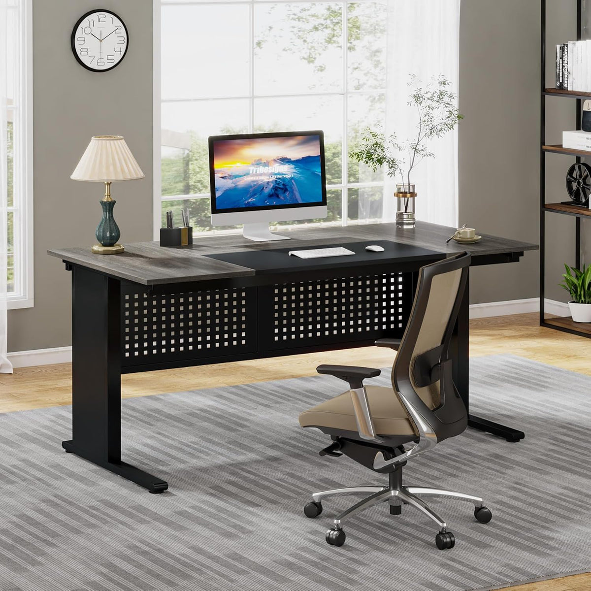 L-Shaped Executive Desk with File Cabinet and Storage Drawers - Light Brown or Dark Gray