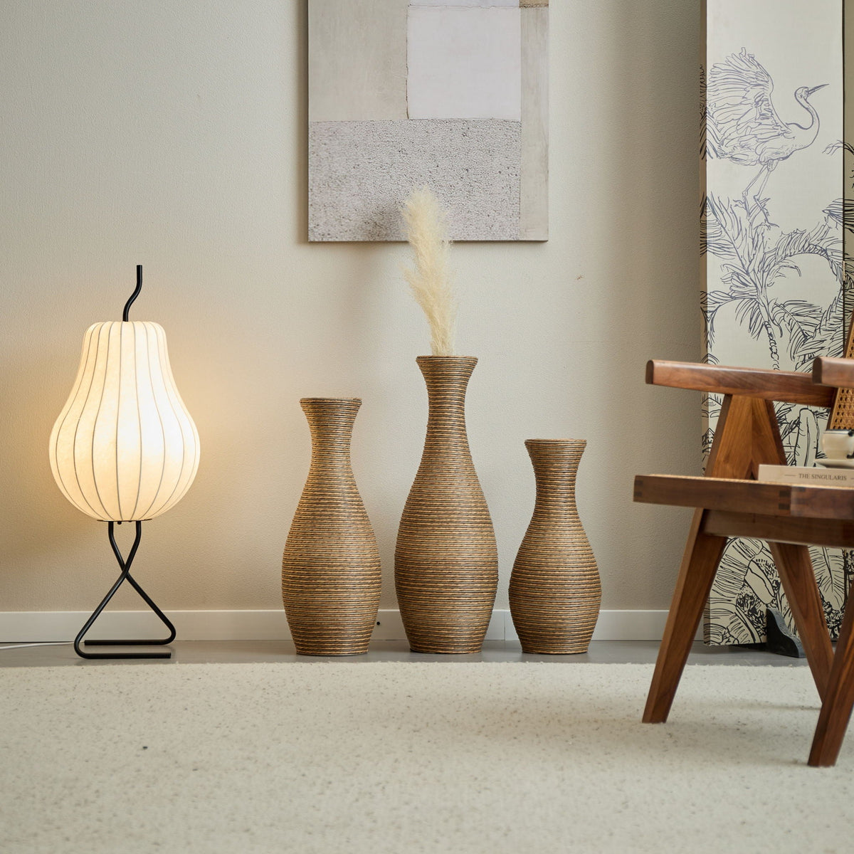 3 Piece Artificial Rattan Floor Vase Set with Modern Artistic Style - Beige