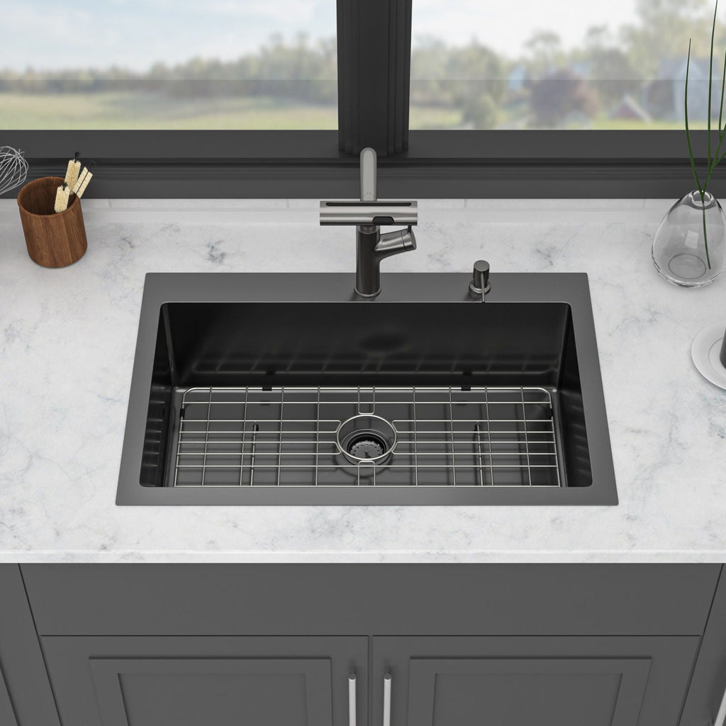 Stainless Steel Drop-In Kitchen Sink with Multi-Function Faucet - Black