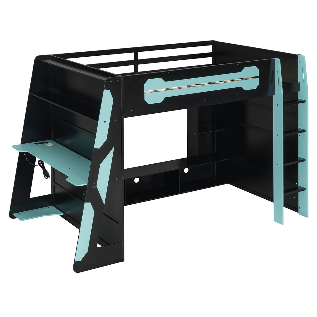 Full Size Wood Loft Bed with Desk and RGB Light - Cloud
