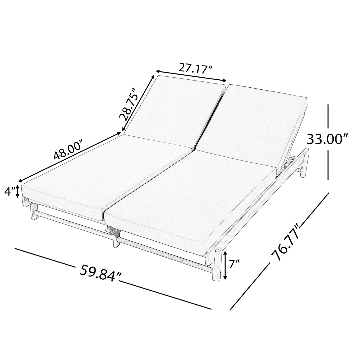 Light Teak Acacia Wood Double Chaise Lounger Set with Adjustable Backrests - Cream