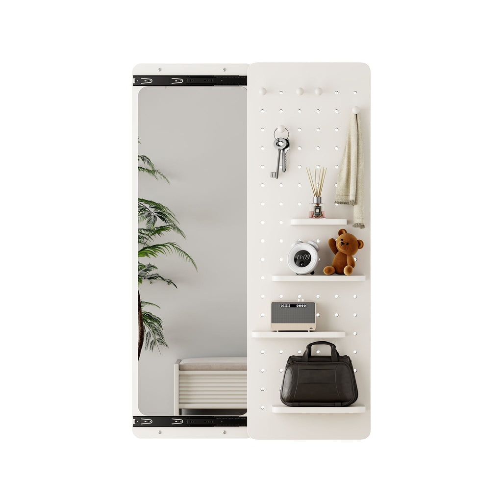 Full Length Wall Mounted Mirror with Shelf and Hook - Dark Brown, White, or Light Brown