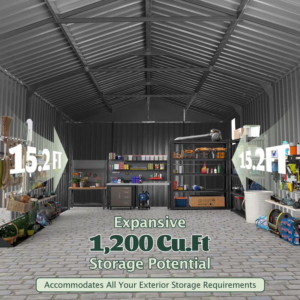 12x15FT Outdoor Metal Garage Shed with Lockable Doors - Metal