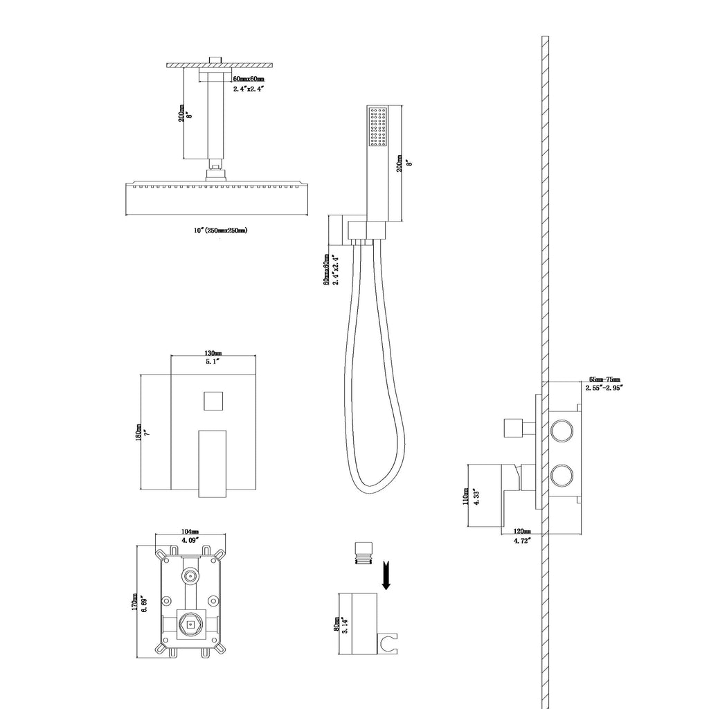 Dual Shower Head 10" Ceiling Mount Shower System with Rough In Valve - Matte Black