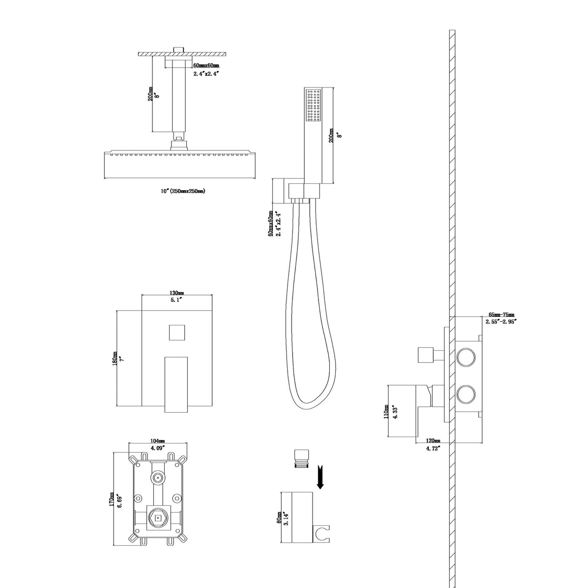 Dual Shower Head 10" Ceiling Mount Shower System with Rough In Valve - Matte Black
