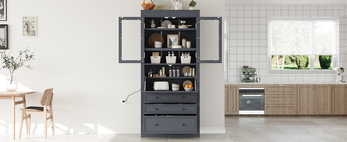 Freestanding Kitchen Pantry Cabinet with Power Outlet – Grey or White