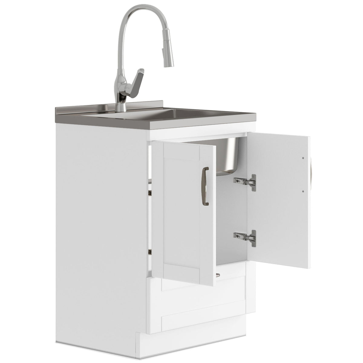Deluxe Laundry Cabinet with Pull-Out Faucet and Stainless Steel Sink - White