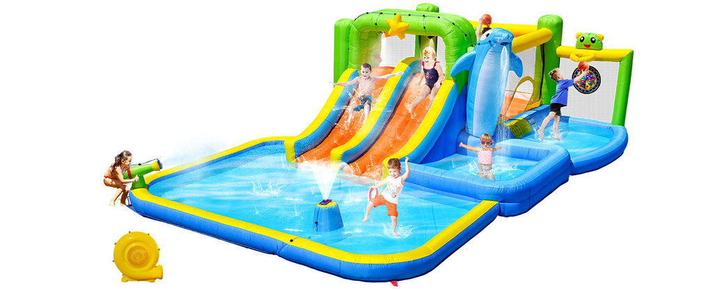 9-in-1 Inflatable Bounce House with Water Features - Multicolor
