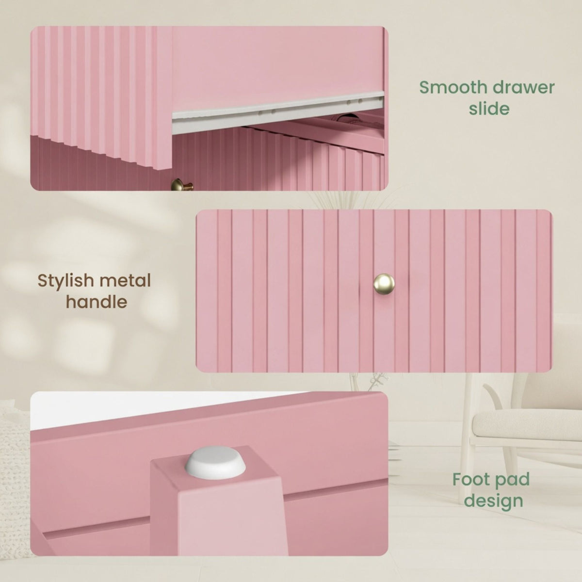 Fluted Nightstand with 2 Drawers and Soft-Close Slides - Multiple Colors