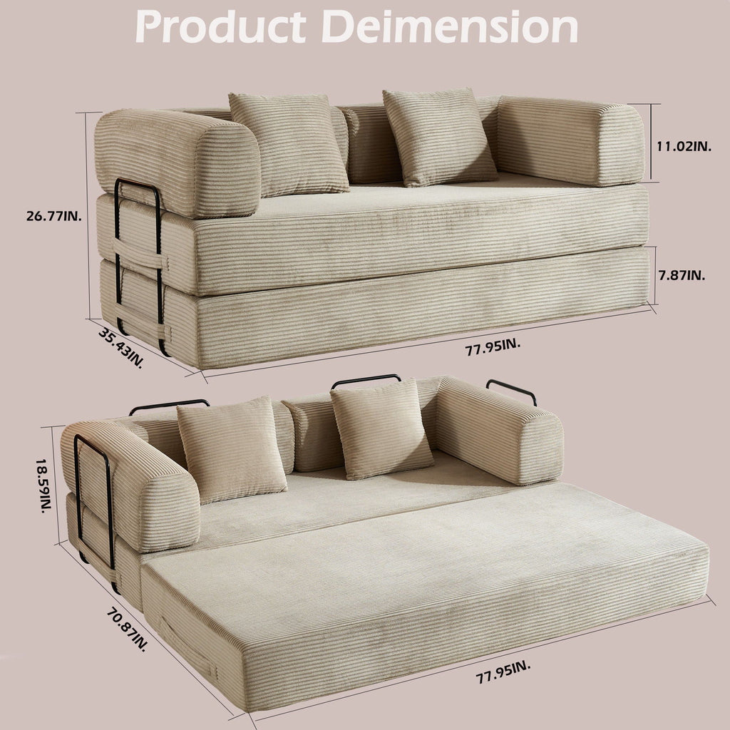 Convertible Sleeper Sofa Bed with Fixed Shape Frame and Cylindrical Pillow - Fabric