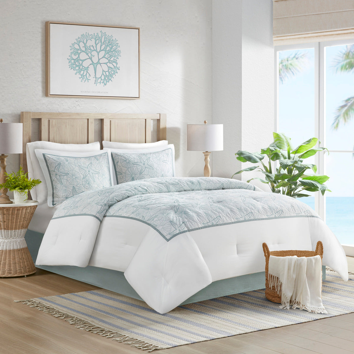 White King Comforter Set with Coastal Embroidery - 100% Cotton