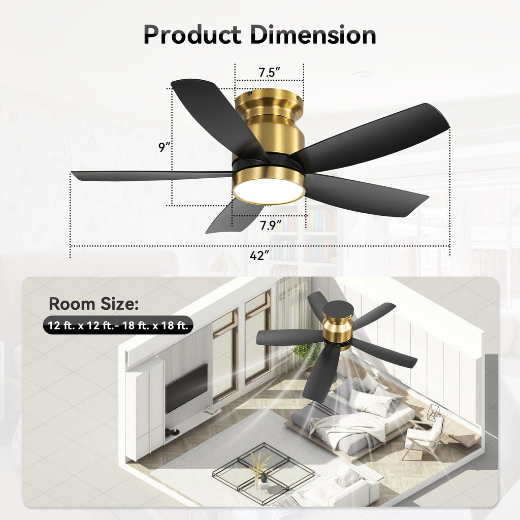 Flush Mount Ceiling Fan with LED Light and Remote Control - White or Black