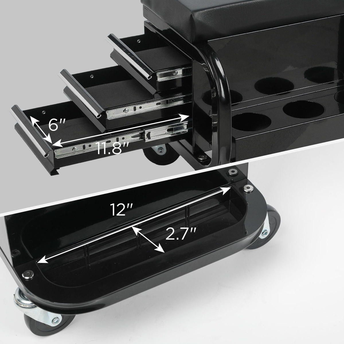 Rolling Creeper Garage Seat with 3 Built-In Drawers - Black