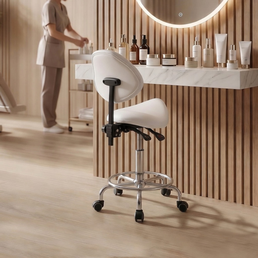 Saddle Stool Chair with Backrest - Ergonomic Support - White