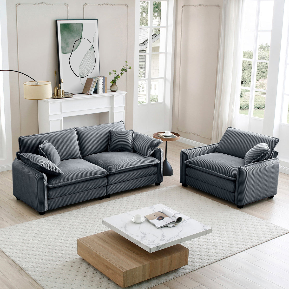 Modern Corduroy Sofa Set with Two Pieces - Grey or Green