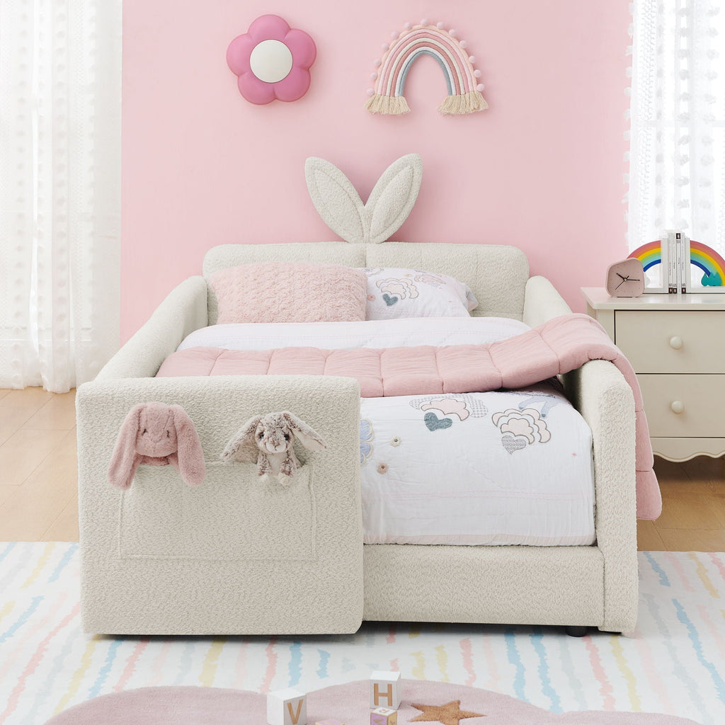 Cute Rabbit Ear Upholstered Platform Bed Frame with Safety Rail - Multiple Colors